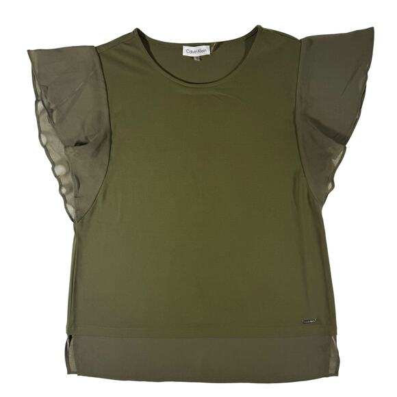 Calvin Klein Olive Green Blouse Women’s XS Sheer Flutter Sleeves Layered Top - Picture 1 of 7
